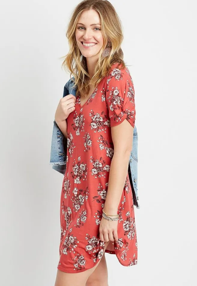 247 Red Floral Twist Sleeve Shift Dress Women Maurices Dresses and Jumpsuits
