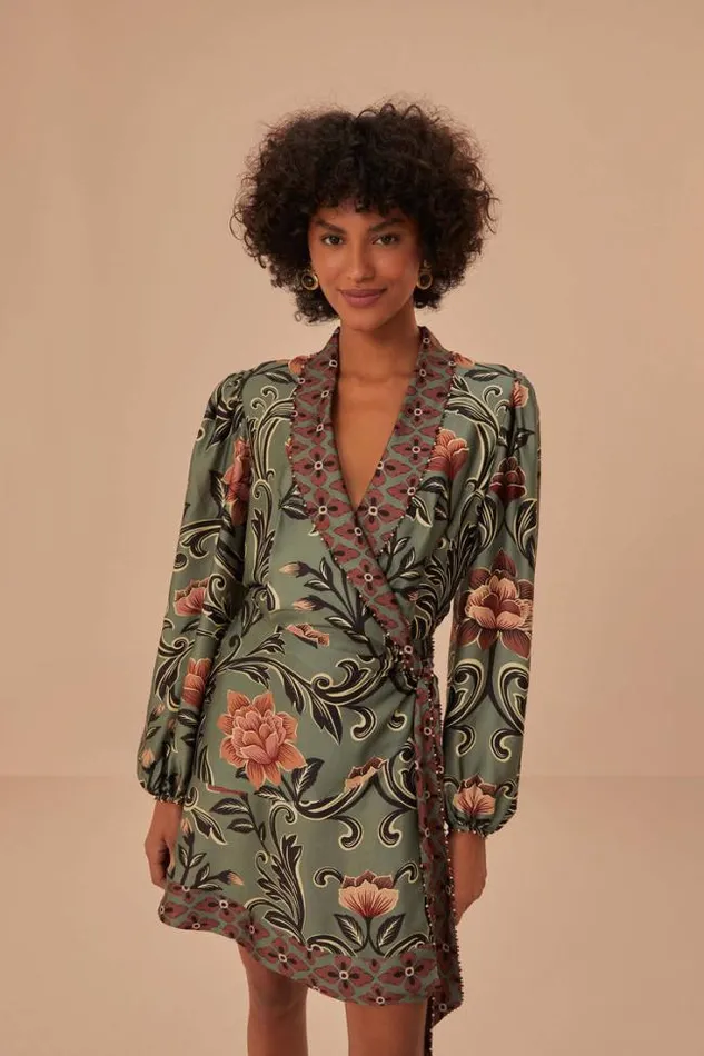 Arabesque Floral Green Long Sleeve Mini Dress Women FARM Rio Mini Dresses