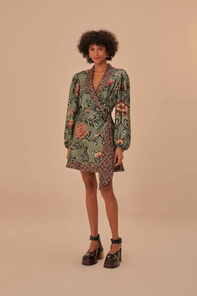 Arabesque Floral Green Long Sleeve Mini Dress Women FARM Rio Mini Dresses