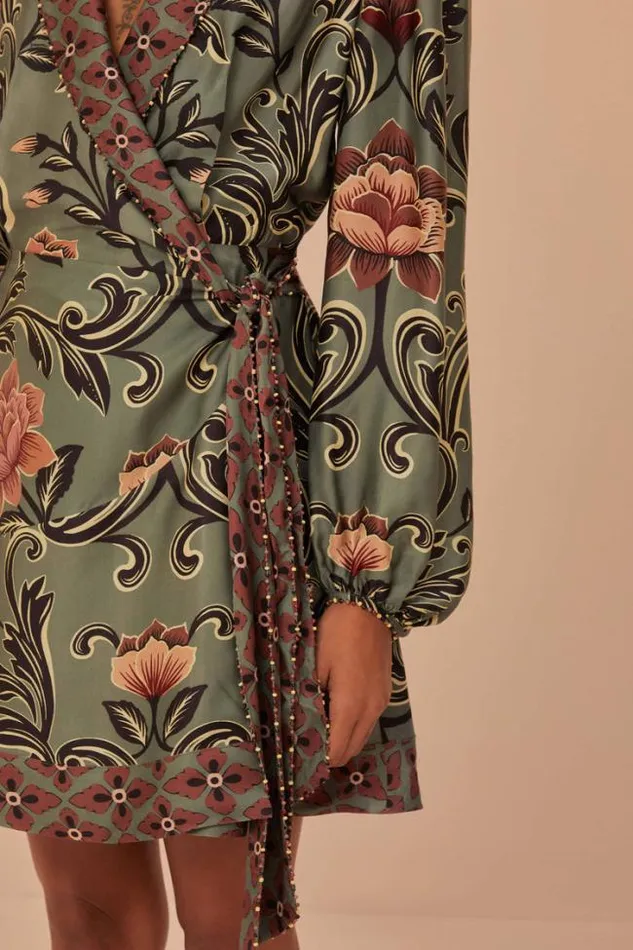 Arabesque Floral Green Long Sleeve Mini Dress Women FARM Rio Mini Dresses