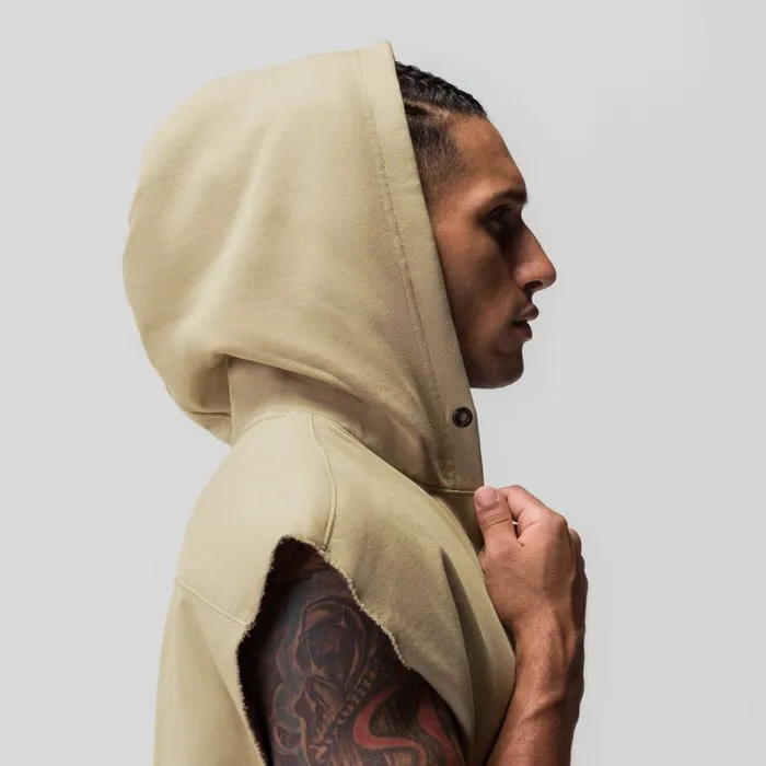 ASRV Hoodies and Sweatshirts Men Tech Essential Raw Hem Cutoff Hoodie Khaki