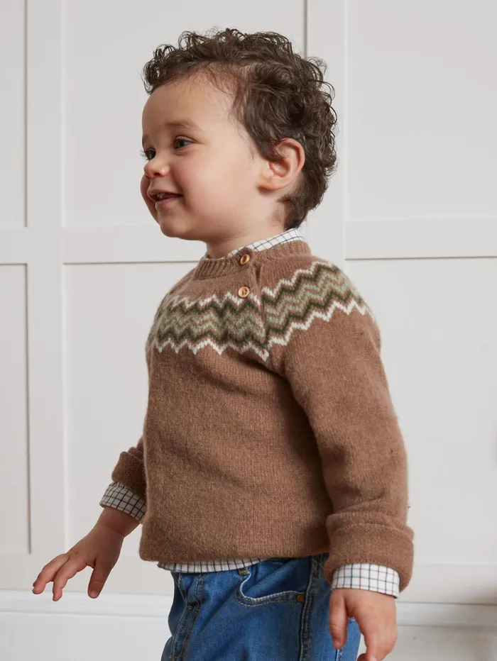 Baby Baby Boy Cyrillus Lambswool Jacquard Sweater Noisette Chine