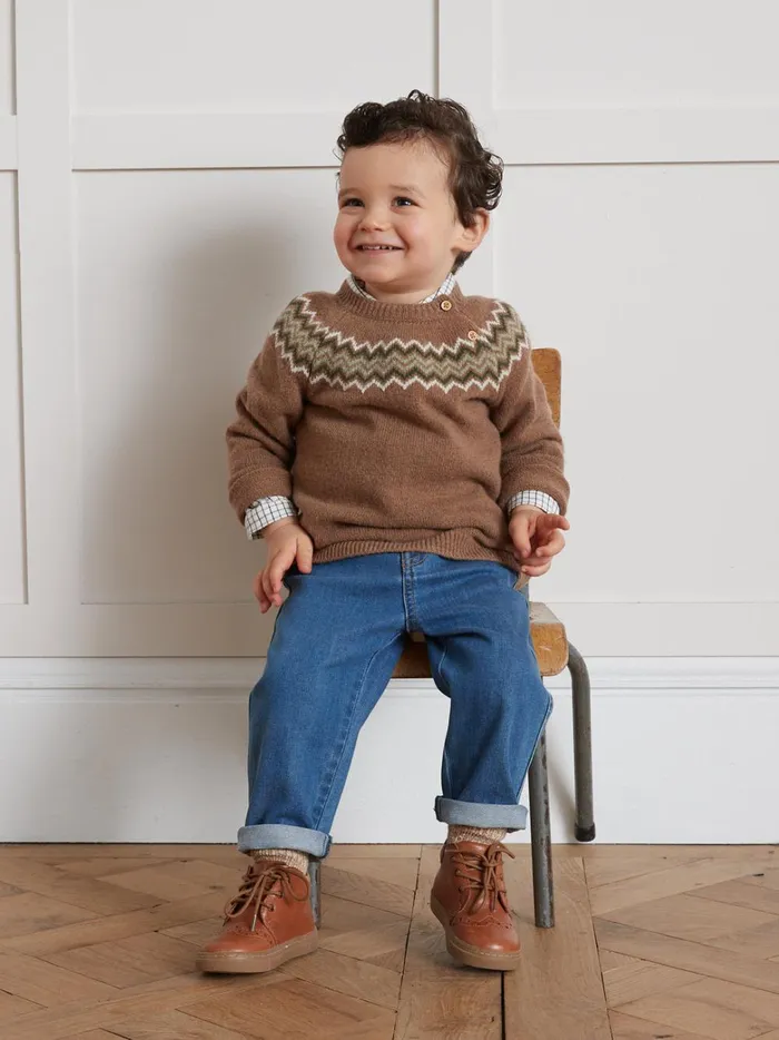 Baby Baby Boy Cyrillus Lambswool Jacquard Sweater Noisette Chine