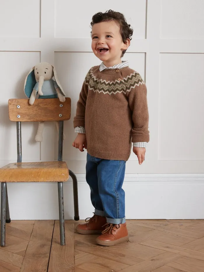 Baby Baby Boy Cyrillus Lambswool Jacquard Sweater Noisette Chine