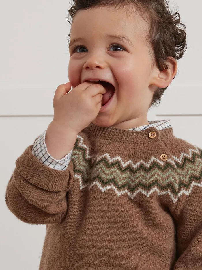 Baby Baby Boy Cyrillus Lambswool Jacquard Sweater Noisette Chine