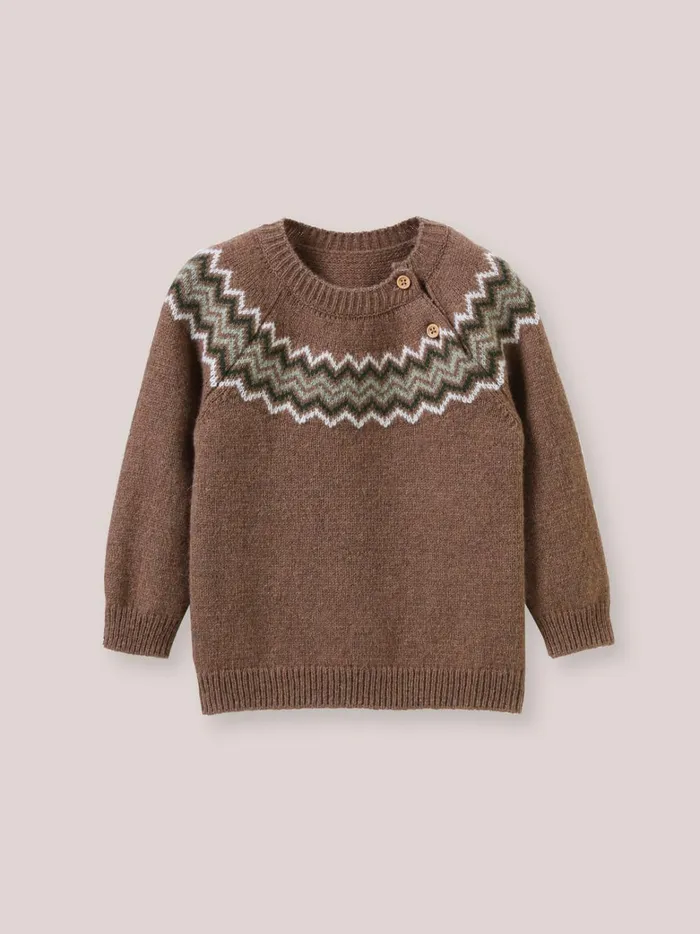 Baby Baby Boy Cyrillus Lambswool Jacquard Sweater Noisette Chine