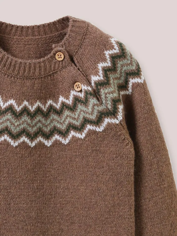Baby Baby Boy Cyrillus Lambswool Jacquard Sweater Noisette Chine
