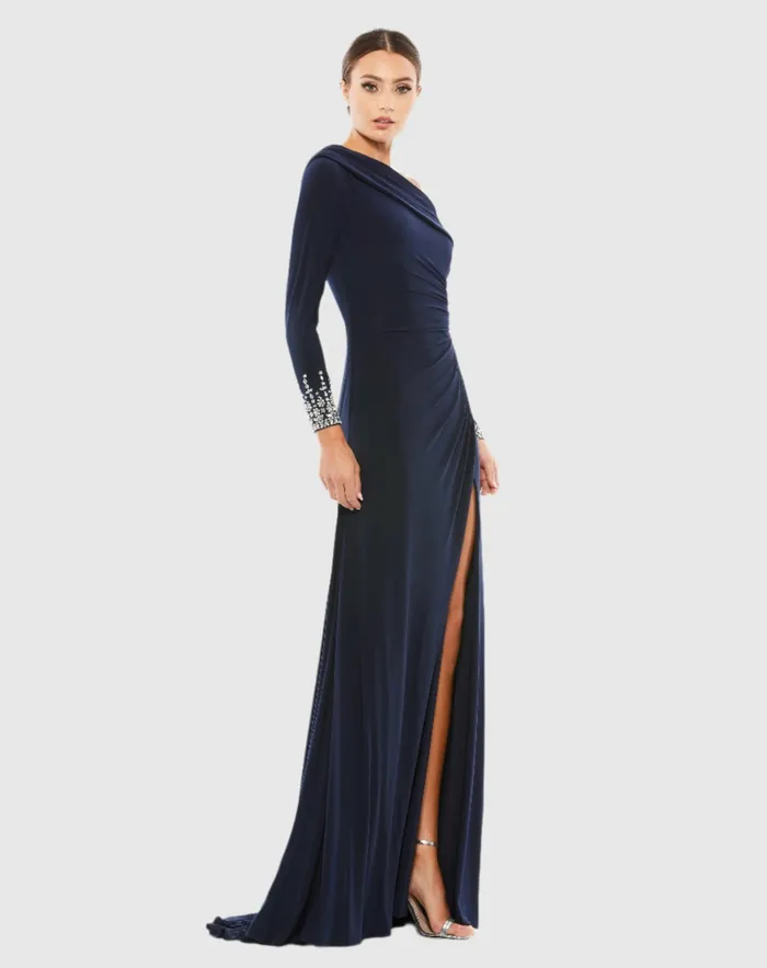 Beaded Cuff Drop Shoulder Faux Wrap Dress Midnight Women Evening Gowns Mac Duggal