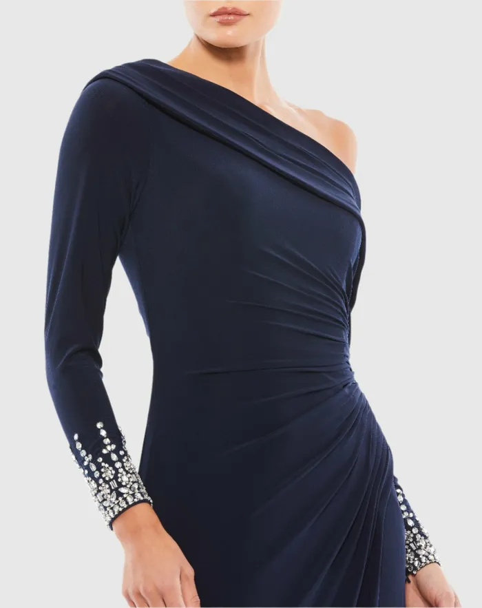 Beaded Cuff Drop Shoulder Faux Wrap Dress Midnight Women Evening Gowns Mac Duggal