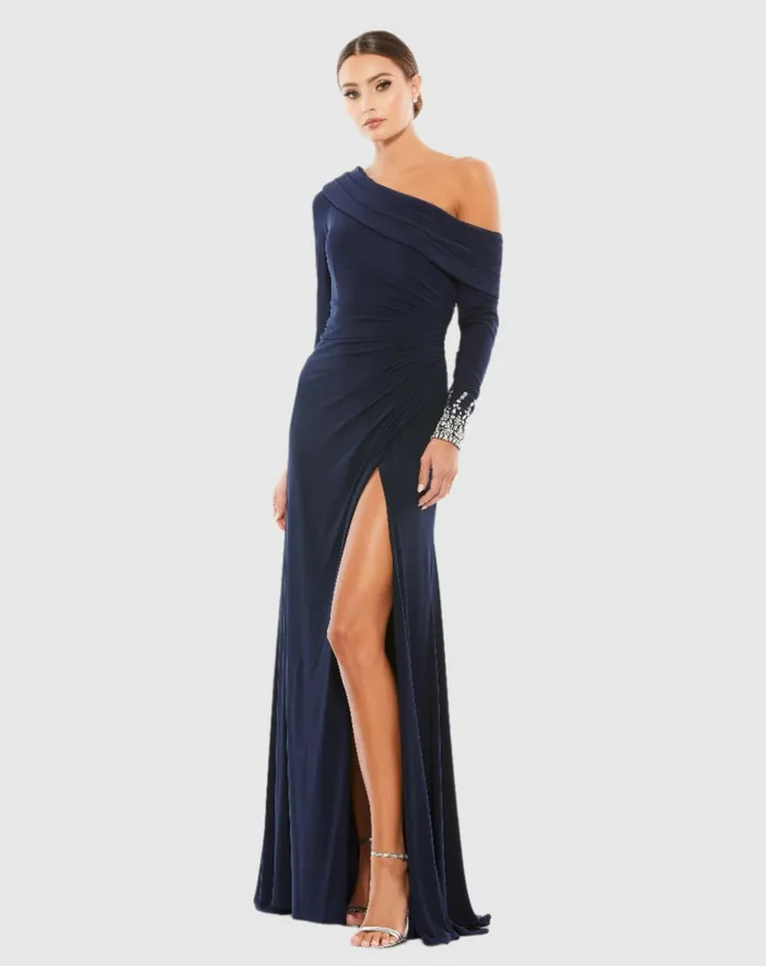 Beaded Cuff Drop Shoulder Faux Wrap Dress Midnight Women Evening Gowns Mac Duggal