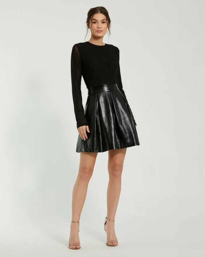 Best Sellers Women Mac Duggal Mesh And Leather Long Sleeve A Line Mini Dress Black