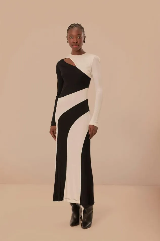 Black And White CutOut Long Sleeve Midi Dress Women FARM Rio Midi Dresses