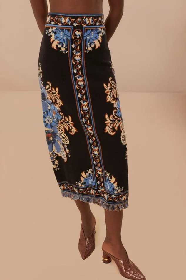 Black Blossom Tapestry Knit Skirt Women FARM Rio Skirts