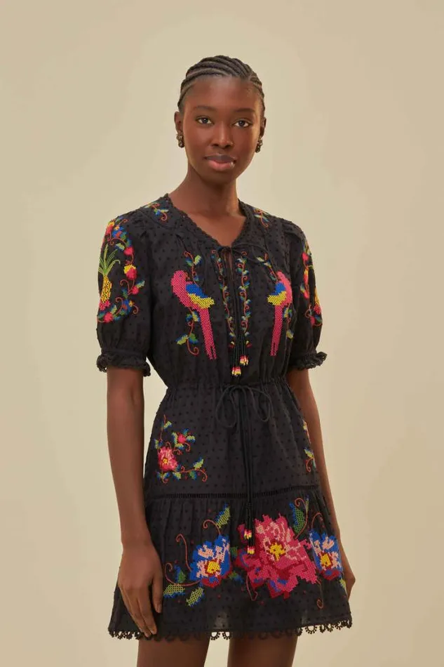 Black Embroidered Mini Dress Women FARM Rio Mini Dresses