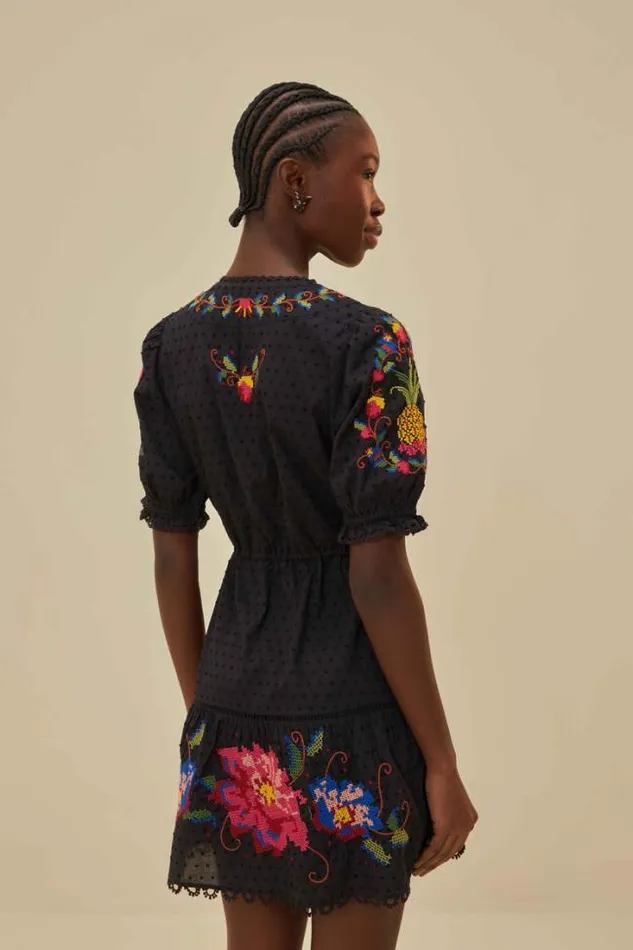 Black Embroidered Mini Dress Women FARM Rio Mini Dresses