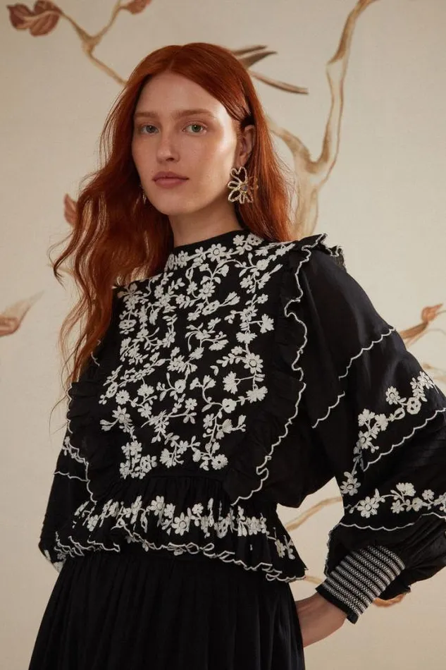 Black Embroidered Ruffle Longe Sleeve Blouse Women FARM Rio Blouses