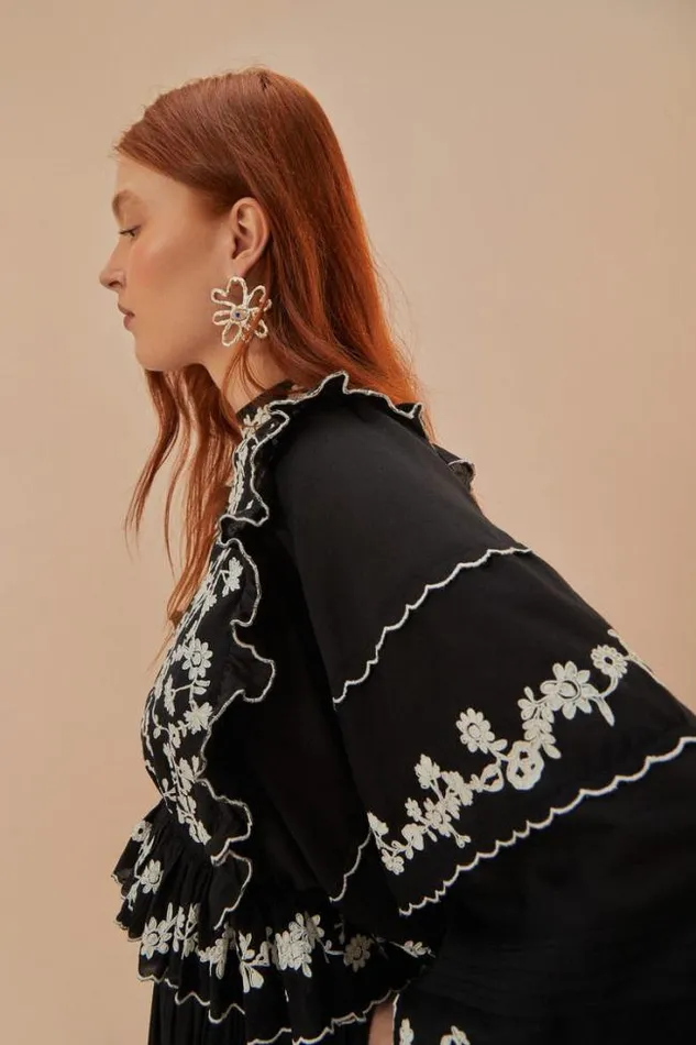 Black Embroidered Ruffle Longe Sleeve Blouse Women FARM Rio Blouses