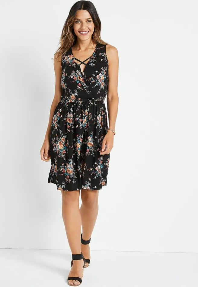 Black Floral Strappy Lace Mini Dress Women Maurices Dresses and Jumpsuits