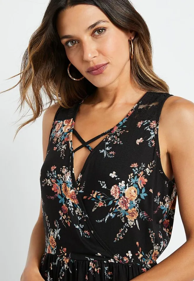 Black Floral Strappy Lace Mini Dress Women Maurices Dresses and Jumpsuits