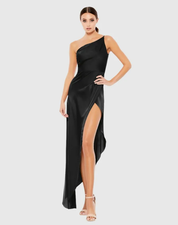 Black One Shoulder HiLow Draped Charmeuse Dress Black Women Cocktail Dresses Mac Duggal