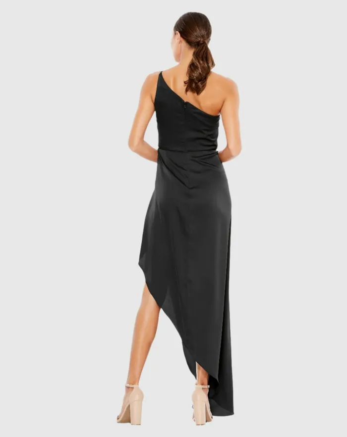Black One Shoulder HiLow Draped Charmeuse Dress Black Women Cocktail Dresses Mac Duggal