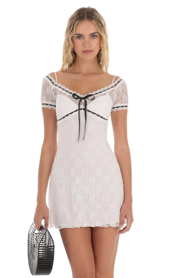 Black Ribbon Lace Dress White Women LUCY IN THE SKY Mini Dresses