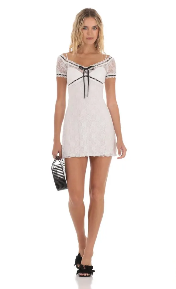 Black Ribbon Lace Dress White Women LUCY IN THE SKY Mini Dresses Black Ribbon Lace Dress White Women LUCY IN THE SKY Mini Dresses