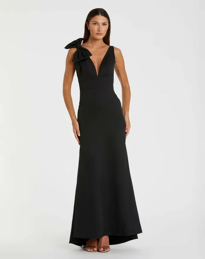 Black Sleeveless V Neck Bow Detail Mermaid Gown Black Women Best Sellers Mac Duggal