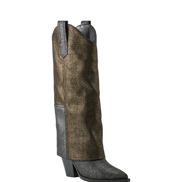 Boots Women Harlo Foldover Western Boot Black Metallic Denim Marc Fisher