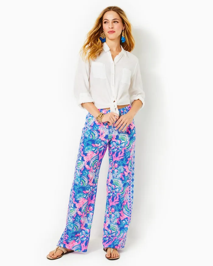 Bottoms Women Lilly Pulitzer 32034 Bal Harbour Palazzo Pant Blue Tang Sitting Seaside Engineered Pant Bottoms Women Lilly Pulitzer 32034 Bal Harbour Palazzo Pant Blue Tang Sitting Seaside Engineered Pant