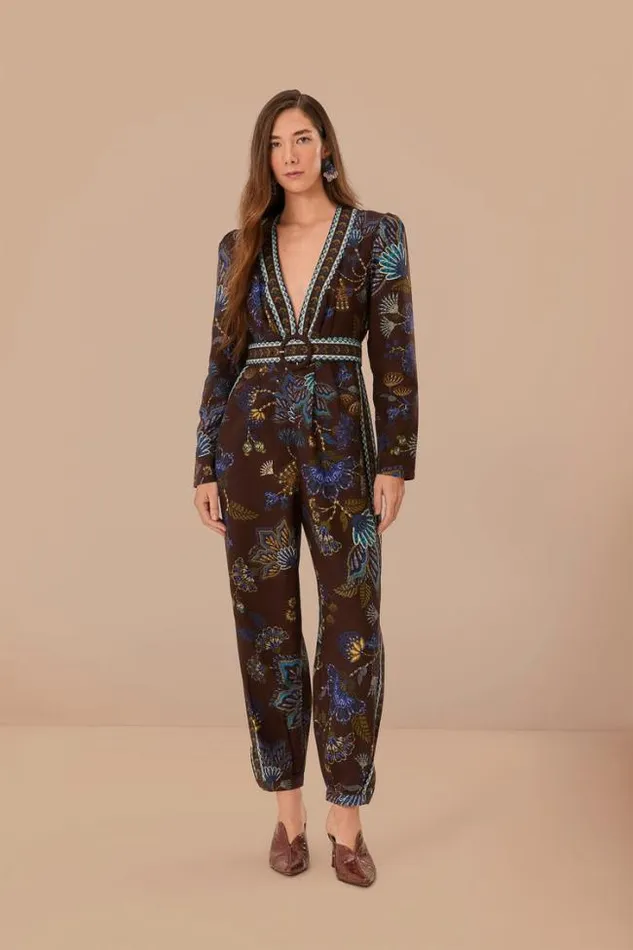 Brown Embroidered Garden V Neck Jumpsuit Women FARM Rio Jumpsuits