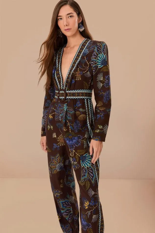 Brown Embroidered Garden V Neck Jumpsuit Women FARM Rio Jumpsuits