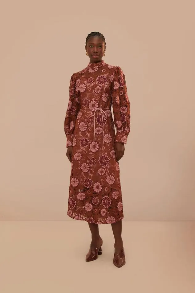 Brown Gigi Tapestry Guipure Midi Dress Women FARM Rio Midi Dresses