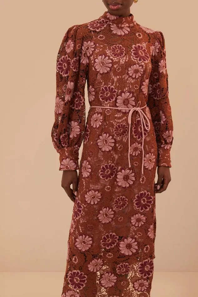 Brown Gigi Tapestry Guipure Midi Dress Women FARM Rio Midi Dresses
