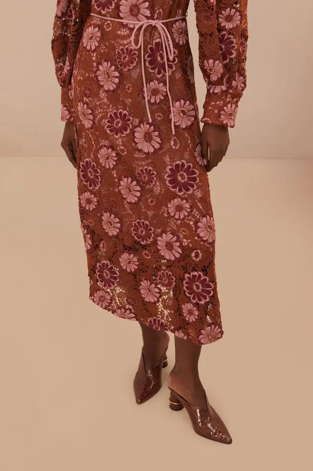 Brown Gigi Tapestry Guipure Midi Dress Women FARM Rio Midi Dresses