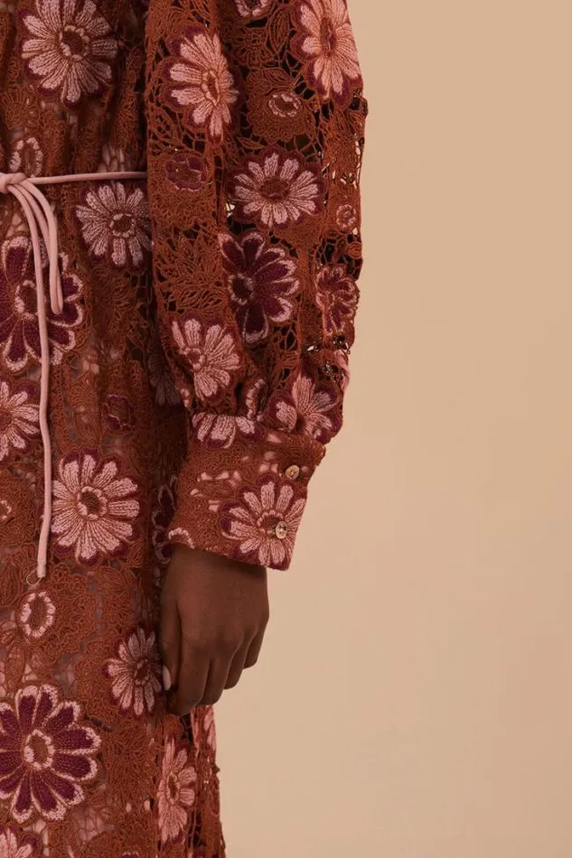 Brown Gigi Tapestry Guipure Midi Dress Women FARM Rio Midi Dresses