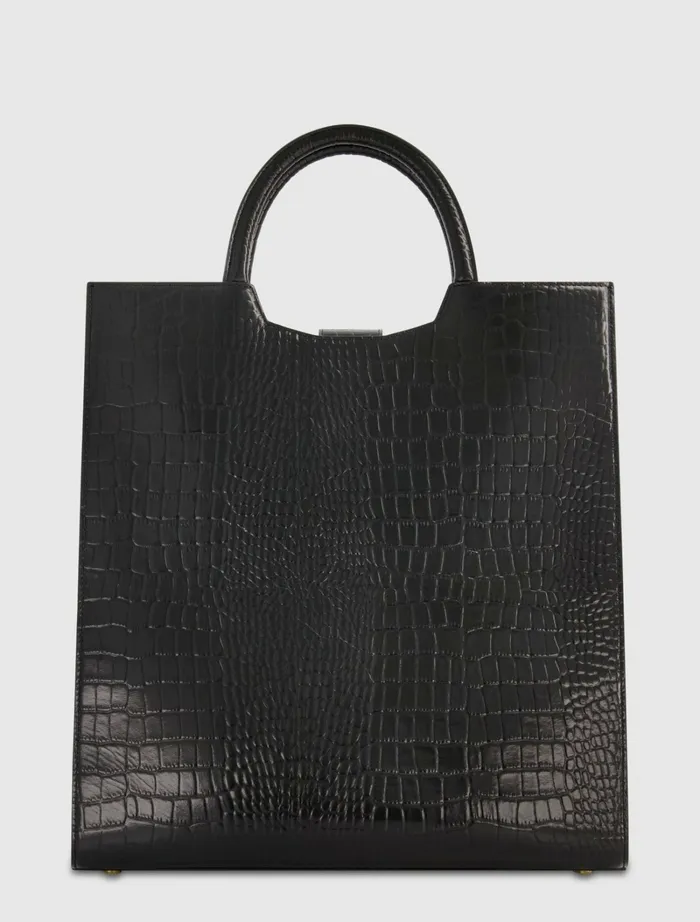 Buckled Maxi Croco Black Leather Tote Bag Black Women Totes Mac Duggal