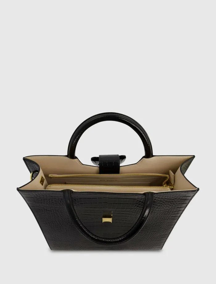 Buckled Maxi Croco Black Leather Tote Bag Black Women Totes Mac Duggal