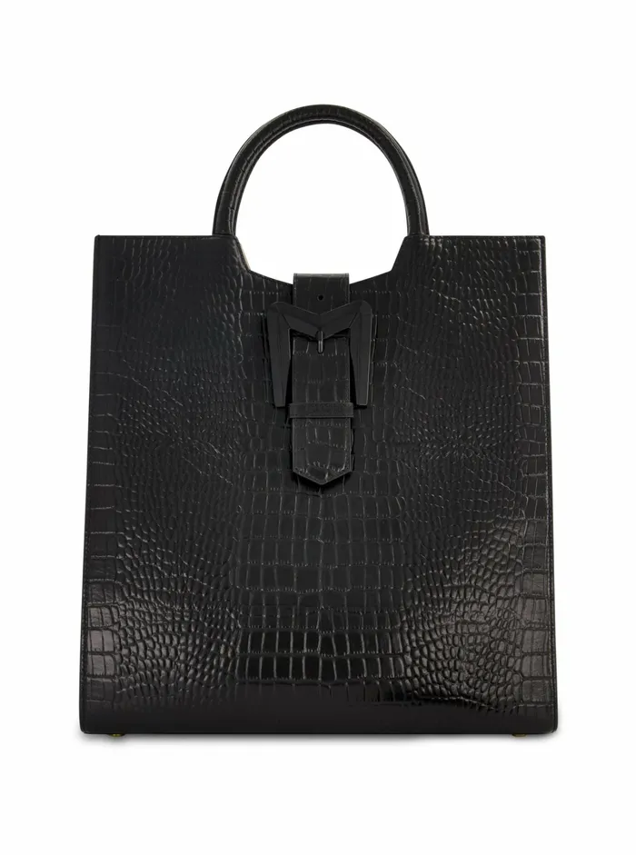 Buckled Maxi Croco Black Leather Tote Bag Black Women Totes Mac Duggal