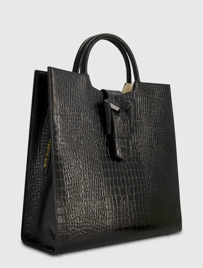 Buckled Maxi Croco Black Leather Tote Bag Black Women Totes Mac Duggal