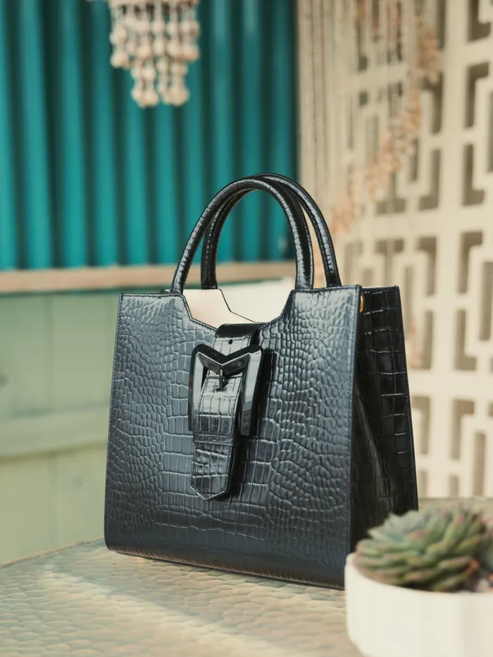 Buckled Medium Croco Black Leather Tote Bag with Detachable Strap Black Totes Mac Duggal Women