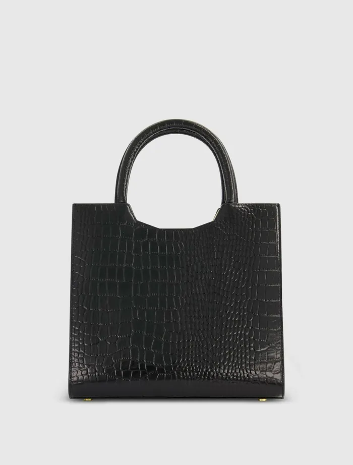 Buckled Medium Croco Black Leather Tote Bag with Detachable Strap Black Totes Mac Duggal Women