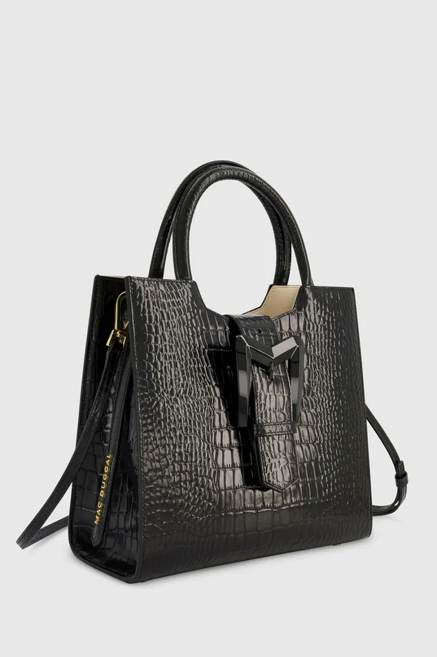 Buckled Medium Croco Black Leather Tote Bag with Detachable Strap Black Totes Mac Duggal Women