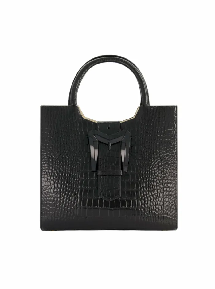 Buckled Medium Croco Black Leather Tote Bag with Detachable Strap Black Totes Mac Duggal Women