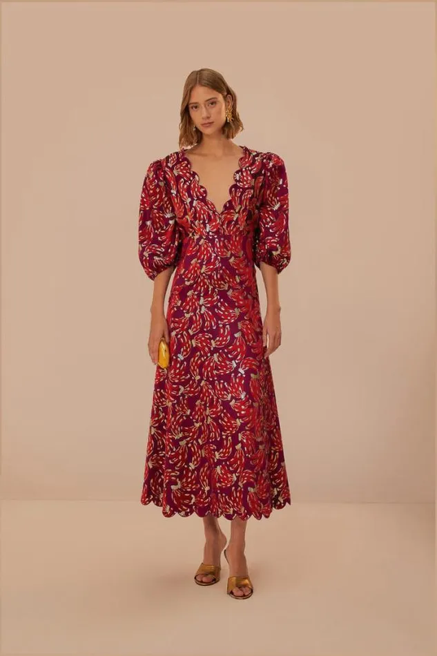 Burgundy Bossa Banana Jacquard Midi Dress Women FARM Rio Midi Dresses