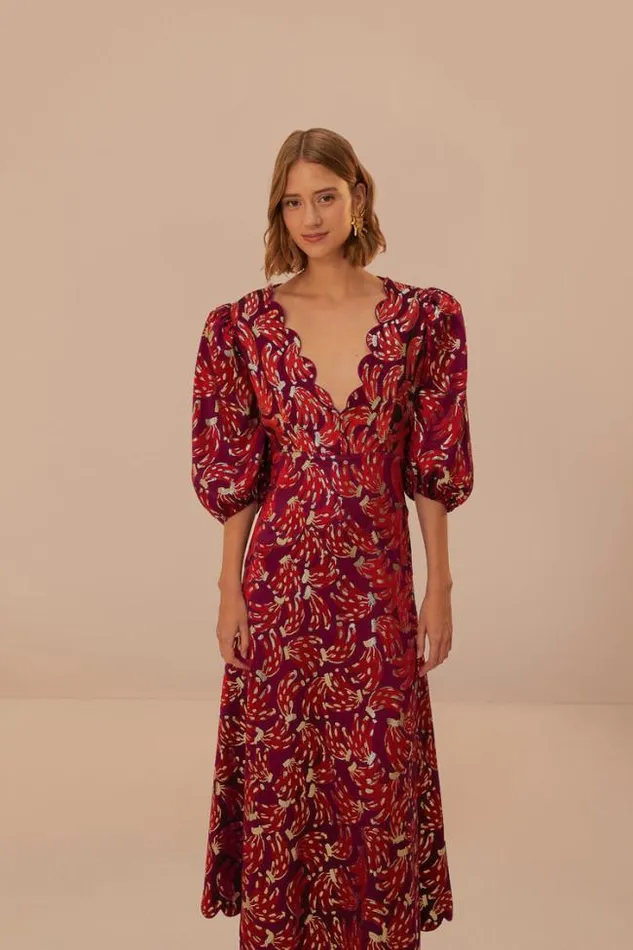 Burgundy Bossa Banana Jacquard Midi Dress Women FARM Rio Midi Dresses