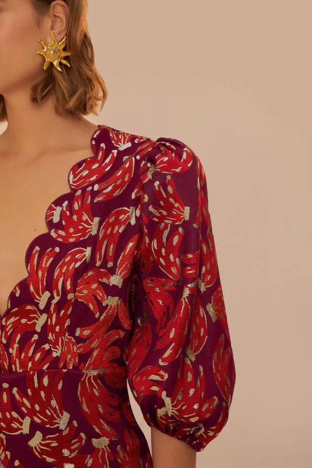 Burgundy Bossa Banana Jacquard Midi Dress Women FARM Rio Midi Dresses