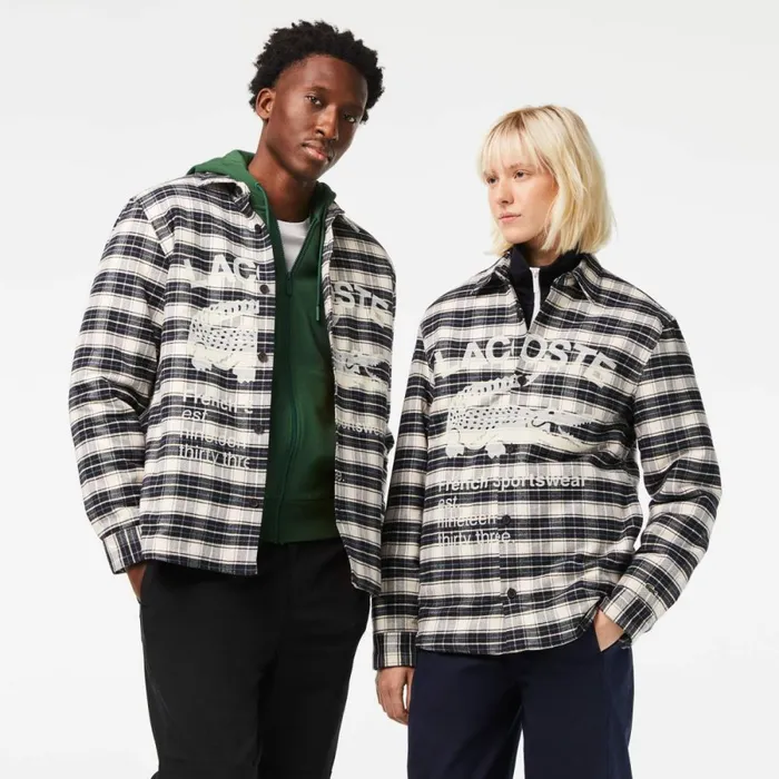 Button Down Shirts MenWomen Lacoste Unisex Branded Check Print Shirt White Black Blue Z23 Button Down Shirts MenWomen Lacoste Unisex Branded Check Print Shirt White Black Blue Z23