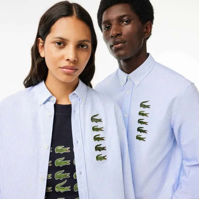 Button Down Shirts MenWomen Lacoste Unisex Croc Badge Striped Shirt White Blue F6z