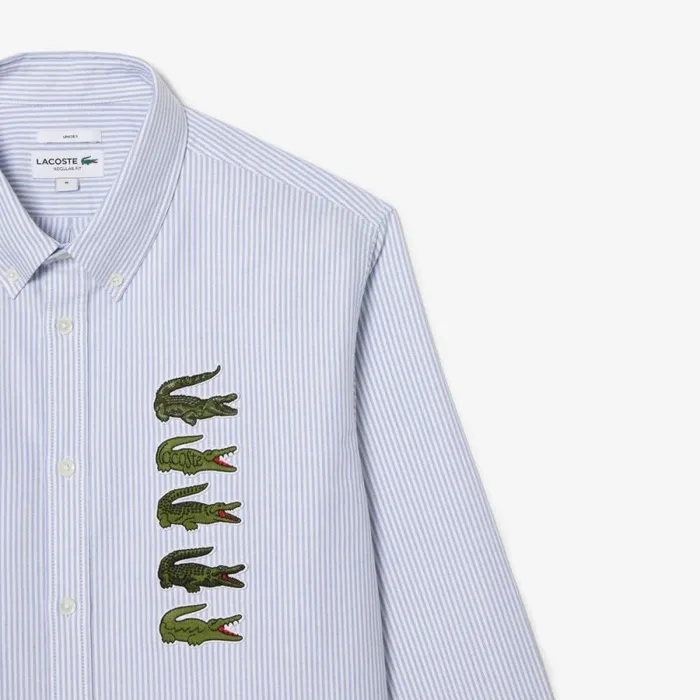 Button Down Shirts MenWomen Lacoste Unisex Croc Badge Striped Shirt White Blue F6z